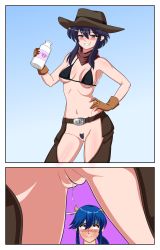 Rule 34 | &gt;:), 1boy, 1girl, absurdres, bikini, bikini top only, black hair, blue hair, blush, bottle, bottomless, breasts, chaps, commission, commissioner upload, cow horns, cowboy, cowboy western, female pubic hair, fire emblem, fire emblem: genealogy of the holy war, fire emblem heroes, hat, hetero, highres, horns, milk bottle, navel, nintendo, no panties, panels, pubic hair, pussy, pussy juice, rs40uchiha, simple background, smile, smug, sweat, swimsuit, uncensored, v-shaped eyebrows, western, wide-eyed