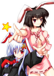 Rule 34 | 2girls, ai takurou, anger vein, animal ears, rabbit ears, female focus, finger gun, inaba tewi, multiple girls, aged up, open clothes, open shirt, oversized clothes, reisen udongein inaba, role reversal, shirt, touhou, undersized clothes, aged down