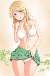 Rule 34 | 1girl, :d, banned artist, bare arms, bare shoulders, blonde hair, bra, breasts, brown background, cleavage, clothes lift, collarbone, green skirt, hand up, lifted by self, long hair, looking at viewer, medium breasts, n.g., navel, no shirt, open mouth, original, panties, purple eyes, skirt, skirt lift, smile, solo, strapless, strapless bra, underwear, white bra, white panties
