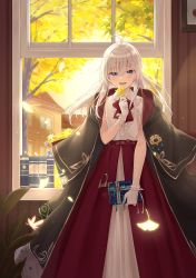 Rule 34 | 1girl, :d, absurdres, ahoge, azuuru, bare arms, black capelet, blue eyes, blush, book, brooch, capelet, collared shirt, cover image, elaina (majo no tabitabi), ginkgo leaf, gloves, hair between eyes, high-waist skirt, highres, holding, holding book, holding leaf, hood, hood up, hooded capelet, indoors, jewelry, leaf, long hair, long skirt, looking at viewer, majo no tabitabi, maple leaf, novel illustration, official art, open mouth, open window, red skirt, robe, shirt, silver hair, skirt, smile, solo, standing, teeth, textless version, upper teeth only, white gloves, white shirt, window, witch