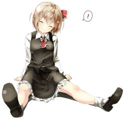 Rule 34 | !, 1girl, ^ ^, ascot, brown hair, closed eyes, facing viewer, full body, gorilla (bun0615), highres, looking at viewer, mary janes, rumia, shoes, short hair, simple background, sitting, smile, socks, solo, spoken exclamation mark, spread legs, touhou, white background, white socks