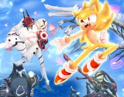 Rule 34 | 1boy, 4others, artist request, aura, blue sky, cloud, fangs, flying, giganto (sonic frontiers), gloves, highres, knight (sonic frontiers), multiple others, ocean, open mouth, red eyes, red footwear, robot, sega, shoes, sky, sneakers, socks, sonic (series), sonic frontiers, sonic (series), sonic the hedgehog, super sonic, supreme (sonic frontiers), teeth, titans, upper teeth only, white gloves, white socks, wyvern (sonic frontiers), yellow fur
