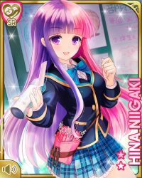 Rule 34 | 1girl, blue bow, blue jacket, blue skirt, bow, card, character name, comb, girlfriend (kari), holding, indoors, jacket, japanese text, long hair, multicolored hair, niigaki hina, official art, open mouth, pink hair, plaid, plaid skirt, pouch, purple eyes, purple hair, qp:flapper, scissors, shirt, skirt, smile, solo, tagme, white shirt, whiteboard