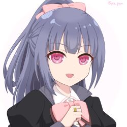 Rule 34 | 1girl, assault lily, black jacket, blunt bangs, bow, braid, collared shirt, commentary request, fukuyama jeanne sachie, gradient background, grey hair, hair bow, half updo, hand up, highres, jacket, jewelry, juliet sleeves, long hair, long sleeves, looking at viewer, ludvico private girls&#039; academy school uniform, mole, mole under mouth, navel, open mouth, piatin, pink background, pink bow, pink eyes, portrait, puffy sleeves, ring, school uniform, shirt, smile, solo, twitter username, white background, white shirt