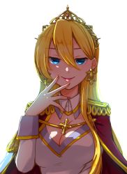 Rule 34 | 1girl, backlighting, blonde hair, blue eyes, breasts, cape, cleavage, closed mouth, commentary request, dress, epaulettes, female focus, genderswap, genderswap (mtf), geordo stuart, hair between eyes, half-closed eyes, hand to own mouth, highres, ho ji chan47, large breasts, long hair, long sleeves, looking at viewer, otome game no hametsu flag shika nai akuyaku reijou ni tensei shite shimatta, red cape, simple background, smile, solo, sparkle, tiara, upper body, white background, white dress, yellow headwear