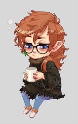 Rule 34 | 10s, 1girl, blue eyes, cup, earrings, final fantasy, final fantasy xiv, freckles, glasses, highres, jewelry, lalafell, orange hair, pants, pointy ears, sabotender, sasaso saso, shirt, shoes