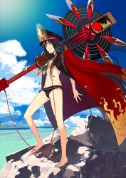 Rule 34 | 1girl, barefoot, bikini, fate/grand order, fate (series), jacket, long hair, looking at viewer, oda nobunaga (fate), oda nobunaga (koha-ace), oda nobunaga (maou avenger) (fate), official art, pako (pakosun), red eyes, red jacket, swimsuit, very long hair, weapon