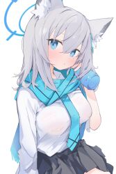Rule 34 | 1girl, animal ear fluff, animal ears, bandaid, bandaids on nipples, blue archive, blue eyes, blue scarf, blush, breasts, cross hair ornament, extra ears, grey hair, hair ornament, halo, highres, large breasts, looking at viewer, medium breasts, medium hair, mikozin, mismatched pupils, parted lips, pasties, pleated skirt, scarf, school uniform, see-through, see-through shirt, shiroko (blue archive), shirt, skirt, solo, striped clothes, striped scarf, sweat, wet, wet clothes, wet shirt, wolf ears