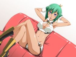 Rule 34 | 10s, 1girl, aquarion (series), aquarion evol, armpits, arms behind head, blue eyes, boots, breasts, cleavage, cleavage cutout, clothing cutout, ebido, covered erect nipples, fang, green hair, groin, hair ribbon, legs, crossed legs, looking at viewer, midriff, navel, ribbon, short hair, short shorts, shorts, sitting, solo, zessica wong