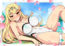 Rule 34 | 1girl, beach, blonde hair, blush, breasts, chest jewel, colored eyelashes, day, earrings, fanbox username, feet out of frame, female focus, fingernails, green nails, jewelry, large breasts, long hair, looking at viewer, lying, mythra (radiant beach) (xenoblade), mythra (xenoblade), nail polish, nintendo, on back, one-piece swimsuit, outdoors, sky, solo, strapless, strapless one-piece swimsuit, swept bangs, swimsuit, tiara, virus-g, white one-piece swimsuit, xenoblade chronicles (series), xenoblade chronicles 2, yellow eyes