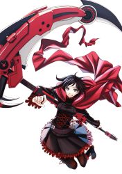 Rule 34 | 1girl, black hair, boots, breasts, cape, crescent rose, gothic lolita, highres, lolita fashion, pantyhose, red cape, ruby rose, rwby, scythe, short hair, grey eyes, smile, solo