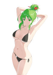 Rule 34 | 1girl, absurdres, armpits, arms behind head, bare shoulders, bikini, black bikini, breasts, closed mouth, collarbone, commentary, commission, copper, cowboy shot, english commentary, feet out of frame, green eyes, green hair, hair bun, hair ornament, halterneck, highres, large breasts, long hair, looking at viewer, medium breasts, navel, original, presenting armpit, side-tie bikini bottom, simple background, solo, standing, stomach, string bikini, swimsuit, thighs, white background