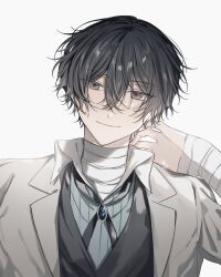 Rule 34 | arm up, bandaged arm, bandaged neck, bandages, black hair, black vest, bolo tie, brown coat, bungou stray dogs, closed mouth, coat, collared shirt, commentary, commentary request, dazai osamu (bungou stray dogs), grey eyes, hair between eyes, highres, jacket, looking to the side, male focus, shirt, short hair, solo, upper body, vest, white background, white shirt, wing collar, yoichi hnkn