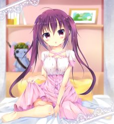Rule 34 | 1girl, :o, ahoge, bare legs, barefoot, bed, bed sheet, between legs, blurry, blush, book, breasts, clothes lift, commentary request, cross-laced clothes, depth of field, dress, dress lift, eyepatch, full body, gochuumon wa usagi desu ka?, hair between eyes, hair ornament, hairclip, hand between legs, helmet, hinata yuu (atelierhinata), indoors, knees together feet apart, lifting own clothes, long hair, looking at viewer, medium breasts, nightgown, on bed, open mouth, pillow, purple eyes, purple hair, shelf, short sleeves, sidelocks, sitting, solo, stuffed animal, stuffed rabbit, stuffed toy, tedeza rize, twintails