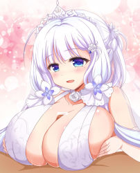 Rule 34 | 1boy, 1girl, afuro, azur lane, bare shoulders, blue eyes, breasts, bridal veil, dress, flower, grabbing, grabbing another&#039;s breast, halter dress, halterneck, hetero, huge breasts, illustrious (azur lane), illustrious (morning star of love and hope) (azur lane), lace, lace-trimmed dress, lace trim, long hair, looking at viewer, mole, mole under eye, official alternate costume, open mouth, paizuri, paizuri under clothes, penis, pov, rose, tiara, tri tails, veil, wedding dress, white dress, white flower, white hair, white rose
