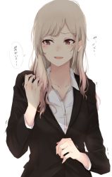 Rule 34 | 1girl, black suit, blonde hair, brown eyes, collarbone, commentary request, formal, long hair, long sleeves, open mouth, original, shirt, simple background, solo, suit, tahita1874, teeth, translation request, trembling, upper teeth only, white background, white shirt