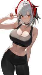 Rule 34 | 1girl, ahoge, alternate costume, antennae, arasaka inu, arknights, bare arms, bare shoulders, black choker, black pants, black sports bra, blush, breasts, choker, cleavage, closed mouth, commentary request, cowboy shot, demon girl, demon horns, fang, grey hair, hand up, highres, horns, large breasts, looking at viewer, midriff, nail polish, navel, orange eyes, pants, red nails, short hair, skin fang, smile, solo, sports bra, stomach, v, w (arknights), yoga pants