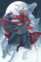 Rule 34 | 1girl, animal ears, arknights, black footwear, black pants, commentary, dual wielding, english commentary, fur trim, highres, holding, holding weapon, hood, jacket, jumping, knife, long hair, long sleeves, looking at viewer, moon, pants, projekt red (arknights), red jacket, solo, throwing knife, tooaya, weapon, white hair, wolf, wolf ears, yellow eyes