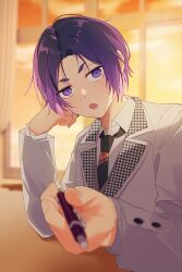 Rule 34 | 1boy, black necktie, blue lock, collared shirt, commentary, head rest, holding, holding pen, indoors, jacket, long sleeves, looking at viewer, male focus, mikage reo, necktie, nokcha26, open mouth, pen, purple eyes, purple hair, school uniform, shirt, short eyebrows, short hair, solo, upper body, v-shaped eyebrows, white jacket, white shirt