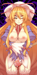 Rule 34 | 1girl, blonde hair, bottomless, breasts, censored, female focus, garter straps, hat, lily white, long hair, looking at viewer, neck ribbon, nipples, novelty censor, one eye closed, ribbon, seductive smile, smile, solo, thighhighs, touhou, tro (trombe), very long hair, wink, yakumo yukari