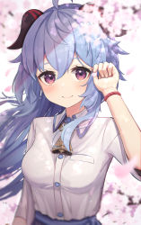Rule 34 | 1girl, absurdres, ahoge, alternate costume, bell, blue hair, blurry, blush, bracelet, breasts, cherry blossoms, collared shirt, commentary, contemporary, cowbell, depth of field, flower, ganyu (genshin impact), genshin impact, hair between eyes, highres, horns, jewelry, long hair, looking at viewer, medium breasts, neck bell, petals, pink flower, purple eyes, school uniform, sera narumu, shirt, short sleeves, sidelocks, simple background, smile, solo, upper body, white shirt, wind