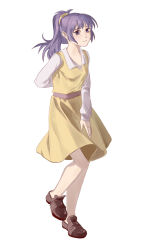 Rule 34 | 1boy, absurdres, androgynous, arcturus, arm behind back, brown footwear, chinese commentary, closed mouth, commentary request, crossdressing, dress, full body, high ponytail, highres, loafers, long hair, looking at viewer, male focus, pinafore dress, purple eyes, purple hair, shirt, shoes, simple background, sizz flair, sleeveless dress, smile, solo, trap, white background, white shirt, xiansan, yellow dress