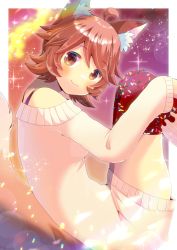 Rule 34 | 1girl, ahoge, animal ear fluff, animal ears, bare shoulders, blush, brown eyes, brown hair, closed mouth, commentary request, dress, feet out of frame, food-themed clothes, knees up, kou hiyoyo, long sleeves, looking at viewer, looking to the side, off-shoulder sweater, off shoulder, smile, solo, sweater, sweater dress, tail, thighhighs, vrchat, white sweater