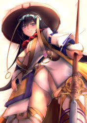 Rule 34 | 1girl, areola slip, bikini, bikini top only, black hair, blush, breasts, brown eyes, cleavage, clenched teeth, dress, earrings, fate/grand order, fate (series), hair between eyes, hat, jewelry, large breasts, long hair, looking at viewer, looking down, necklace, open mouth, ring, smile, solo, swimsuit, teeth, very long hair, xuangzang sanzang (fate), yude