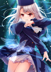 Rule 34 | 1girl, blue hat, blue jacket, blush, breasts, buttons, clenched teeth, double-breasted, fate/stay night, fate (series), fur hat, hair between eyes, hat, highres, illyasviel von einzbern, jacket, long hair, long sleeves, looking at viewer, md5 mismatch, papakha, red eyes, resolution mismatch, sidelocks, small breasts, solo, source larger, teeth, thighs, white hair, yan (nicknikg)