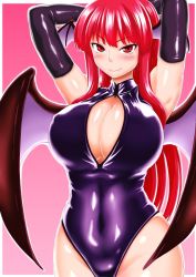 Rule 34 | 1girl, armpits, arms behind head, arms up, bad id, bad pixiv id, blush, breasts, cleavage, demon girl, demon wings, dress, elbow gloves, female focus, front zipper swimsuit, gloves, head wings, highleg, highleg swimsuit, huge breasts, koakuma, large breasts, long hair, looking at viewer, meme attire, one-piece swimsuit, poronegi, purple gloves, purple one-piece swimsuit, red dress, red eyes, red hair, smile, solo, swimsuit, touhou, unzipped, very long hair, wings, zipper