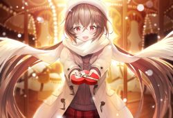 Rule 34 | 1girl, :d, blurry, blurry background, box, brown hair, brown sweater, carousel, character request, coat, commentary request, depth of field, fringe trim, gift, gift box, hair between eyes, heart-shaped box, highres, holding, holding gift, kagachi saku, long hair, long sleeves, low twintails, official art, open clothes, open coat, open mouth, outstretched arms, plaid, plaid skirt, re:wing, red eyes, red skirt, ribbed sweater, scarf, skirt, sleeves past wrists, smile, solo, sweater, twintails, upper body, valentine, very long hair, white coat, white scarf