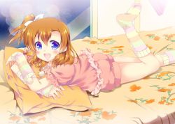 Rule 34 | 10s, 1girl, :d, arm warmers, bed, blue eyes, blush, bow, brown hair, hair bow, kosaka honoka, leg up, love live!, love live! school idol project, lying, multicolored stripes, on stomach, open mouth, pillow, pom pom (clothes), ponton, side ponytail, smile, socks, striped clothes, striped legwear, striped socks