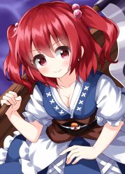 Rule 34 | 1girl, blue dress, breasts, cleavage, closed mouth, coin, dress, hair bobbles, hair ornament, highres, holding, holding scythe, looking at viewer, obi, onozuka komachi, puffy short sleeves, puffy sleeves, purple background, red eyes, red hair, ruu (tksymkw), sash, scythe, short sleeves, smile, solo, touhou, two side up