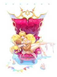 Rule 34 | 1girl, ace (playing card), ace of hearts, ahoge, armchair, bare legs, bare shoulders, blonde hair, breasts, bunting, candle, card, chair, cleavage, crown, damaged, full body, heart, highres, leg wrap, long hair, original, pennant, pillow, playing card, purple eyes, rrose, see-through, sitting, solo, string of flags, stuffed animal, stuffed toy, stuffing, teddy bear, torn, tufted upholstery, twintails, wings