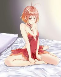 Rule 34 | 1girl, amagi brilliant park, antenna hair, backless dress, backless outfit, bare hips, barefoot, bed sheet, blonde hair, brown hair, closed mouth, dress, frown, gradient background, gradient hair, grey background, hair between eyes, highres, inoumu, multicolored hair, orange dress, pillow, red dress, red eyes, revealing clothes, salama (amaburi), short hair, sitting, sleeveless, sleeveless dress, solo, strapless, strapless dress, two-tone dress, white background