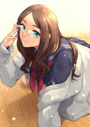 Rule 34 | 1girl, adjusting eyewear, alternate costume, arm support, black serafuku, blue eyes, blurry, bokeh, brown hair, cardigan, closed mouth, commentary request, depth of field, fate/grand order, fate (series), glasses, grey cardigan, highres, kneeling, leonardo da vinci (fate), light particles, long hair, looking at viewer, neckerchief, nishiyama (whatsoy), parted bangs, parted hair, red neckerchief, school uniform, serafuku, smile, solo, white cardigan, wooden floor