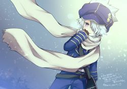 Rule 34 | 1boy, bag, belt, blue jacket, blue pants, character request, gloves, hair over one eye, hat, jacket, male focus, pants, parted lips, pocchipocchi, purple eyes, scarf, short hair, shoulder bag, solo, twitter username, white hair, white scarf