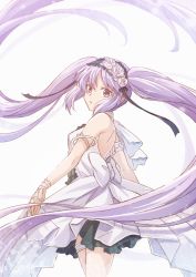 Rule 34 | 1girl, absurdly long hair, armlet, back bow, backless dress, backless outfit, black ribbon, bow, bracelet, cowboy shot, dress, euryale (fate), euryale (third ascension) (fate), fate/hollow ataraxia, fate (series), floating hair, flower, hair flower, hair ornament, hair ribbon, hairband, jewelry, lolita hairband, long hair, mishiro (andante), purple eyes, purple hair, ribbon, simple background, sleeveless, sleeveless dress, solo, standing, thighlet, twintails, very long hair, white background, white dress, white flower