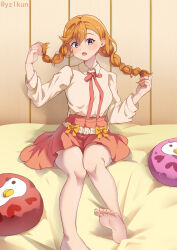 Rule 34 | 1girl, absurdres, barefoot, braid, feet, highres, long hair, long sleeves, looking at viewer, love live!, love live! superstar!!, on bed, open mouth, shibuya kanon, sitting, skirt, soles, solo, toes, twin braids, yzlkun