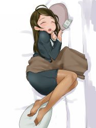 Rule 34 | 1girl, blanket, blush, brown hair, cellphone, cushion, formal, highres, jacket, long hair, office lady, open mouth, original, pantyhose, pencil skirt, phone, see-through, see-through legwear, skirt, skirt suit, sleeping, smartphone, solo, suit, torn clothes, torn pantyhose, ushihashiru