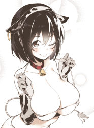 Rule 34 | 1girl, ;), animal ears, animal print, asutora, bell, black hair, blush, breasts, brown eyes, closed mouth, collar, collarbone, commentary request, cow ears, cow print, cow tail, elbow gloves, fake animal ears, gloves, highres, large breasts, looking at viewer, neck bell, one eye closed, original, red collar, short hair, smile, solo, tail, upper body