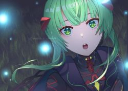 Rule 34 | 1girl, chest jewel, fireflies, glowing, grass, green eyes, green hair, highres, ino (xenoblade), looking at viewer, looking up, open mouth, solo, twitter username, xenoblade chronicles (series), xenoblade chronicles 3, yanagimachi