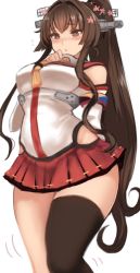 Rule 34 | 1girl, arm behind back, asymmetrical legwear, breasts, brown eyes, brown hair, detached sleeves, female focus, hand to own mouth, headgear, hip vent, kantai collection, large breasts, long hair, looking at viewer, looking down, matching hair/eyes, pleated skirt, ponytail, red skirt, sidelocks, simple background, single thighhigh, skirt, solo, thighhighs, trembling, uneven legwear, utopia, very long hair, white background, wide hips, yamato (kancolle)