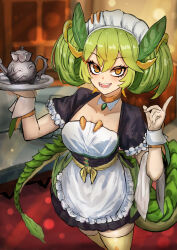 Rule 34 | 1girl, absurdres, adeshi (adeshi0693119), apron, blurry, blurry background, commentary request, cowboy shot, detached collar, dragon girl, duel monster, fang, green hair, highres, holding, maid, maid headdress, open mouth, parlor dragonmaid, short hair, short twintails, solo, sparkle, tail, twintails, yellow eyes, yu-gi-oh!