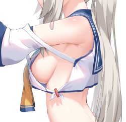 Rule 34 | 1girl, ayanami (azur lane), ayanami (retrofit) (azur lane), azur lane, bandaid, bandaid on arm, bandaid on shoulder, bare shoulders, blonde hair, breasts, crop top, detached sleeves, facing to the side, from side, hand up, highres, long hair, medium breasts, midriff, neckerchief, no bra, ponytail, retrofit (azur lane), sailor collar, school uniform, serafuku, shirt, sideboob, sideless outfit, sironora, solo, upper body, very long hair, white shirt, yellow neckerchief