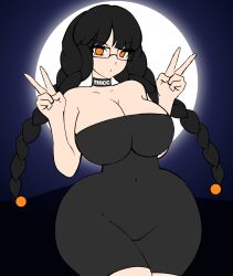 Rule 34 | 1girl, ass, black dress, black hair, breasts, choker, cleavage, curvy, dress, glasses, highres, huge ass, huge breasts, large breasts, long hair, looking at viewer, orange eyes, original, solo, thick thighs, thighs, wide hips, witch, zonen404