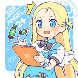 Rule 34 | 1girl, ^^^, afterimage, apron, black bow, blonde hair, blue apron, blue archive, blue background, blue flower, blue ribbon, blush, bottle, bow, character name, collared shirt, flapping, flower, forehead, hair ribbon, halo, holding, long hair, onyhakase, open mouth, orange flower, puffy short sleeves, puffy sleeves, ribbon, scrunchie, shirt, short sleeves, solo, sora (blue archive), striped, striped bow, sweat, two-tone background, two side up, very long hair, white background, white scrunchie, white shirt, white wings, wings, wrist scrunchie