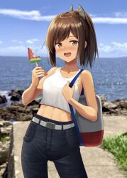 Rule 34 | 1girl, alternate costume, black pants, blurry, blurry background, blush, brown eyes, brown hair, cowboy shot, day, food, highres, holding, holding food, holding popsicle, i-401 (kancolle), ichikawa feesu, kantai collection, looking at viewer, ocean, open mouth, outdoors, pants, photo background, ponytail, popsicle, short hair, smile, solo, tank top, watermelon bar, white tank top