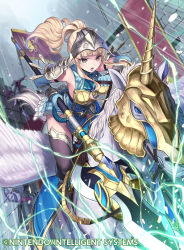 Rule 34 | 1girl, armor, blonde hair, blue gloves, clair (fire emblem), commentary request, company name, elbow gloves, fire emblem, fire emblem cipher, fire emblem echoes: shadows of valentia, flag, gloves, helmet, horseback riding, kousei horiguchi, lance, long hair, nintendo, open mouth, pegasus, pegasus knight uniform (fire emblem), polearm, ponytail, riding, shoulder armor, solo, thighhighs, weapon, wings, yellow eyes