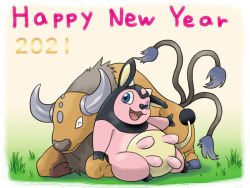 Rule 34 | 2021, :d, blue eyes, closed eyes, closed mouth, commentary request, creatures (company), game freak, gen 1 pokemon, gen 2 pokemon, grass, happy new year, light blush, mameshiba (pixiv 59310), miltank, nengajou, new year, nintendo, no humans, open mouth, pokemon, pokemon (creature), sitting, smile, tauros, tongue